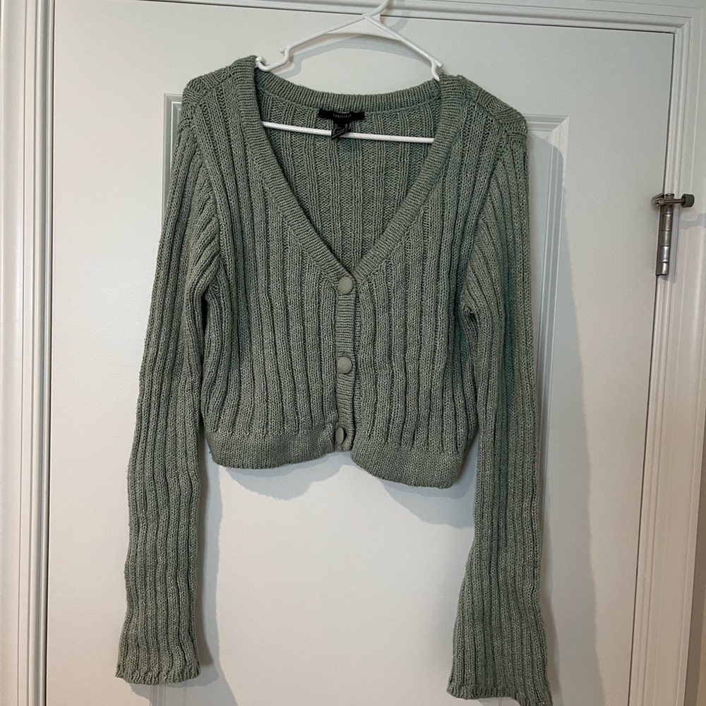 Forever 21, Blue/Green cropped button up sweater. Size Medium.